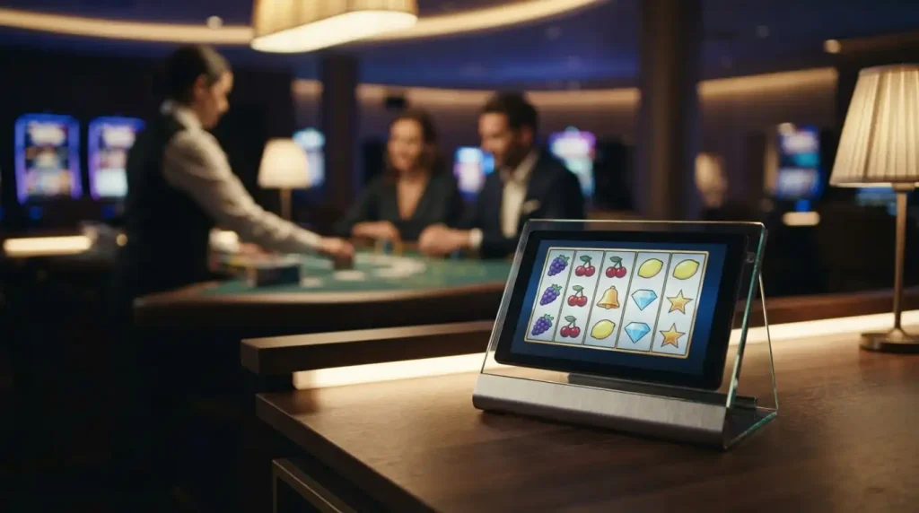 Spielautomatensymbole auf einem Bildschirm neben einem beleuchteten Spieltisch